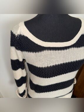 Roxy Black and Cream Striped Open Knit Crochet Scoop Neck Sweater - M